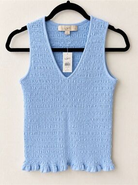 LOFT Petite Blue Smocked Sleeveless Tank Top Ruffle Hem NWT SP